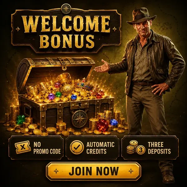 Trailblazer gesturing toward golden treasure chest at Jackpotraider Casino login portal