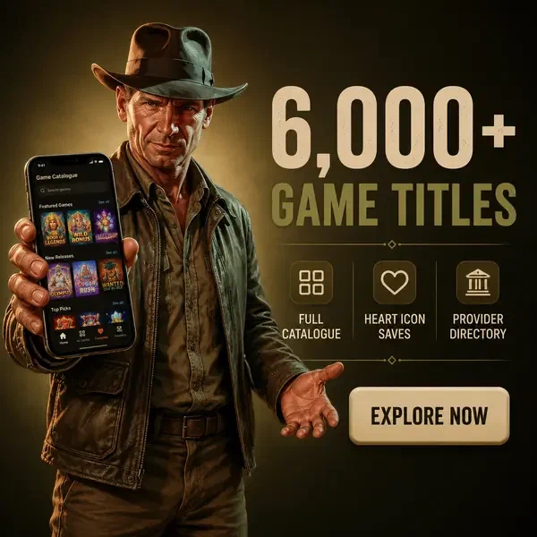 Rugged explorer navigating 6,000+ games on Jackpotraider mobile app interface