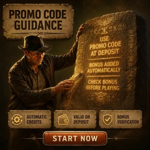 Rugged explorer discovering promo code inscriptions on ancient stone tablet at Jackpotraider